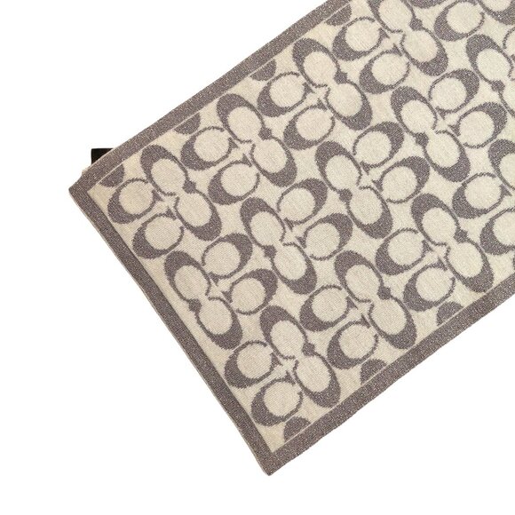 COACH Classic Silver & Cream Monogram C Logo Wool Blend Pre-owned Scarf - Picture 9 of 13